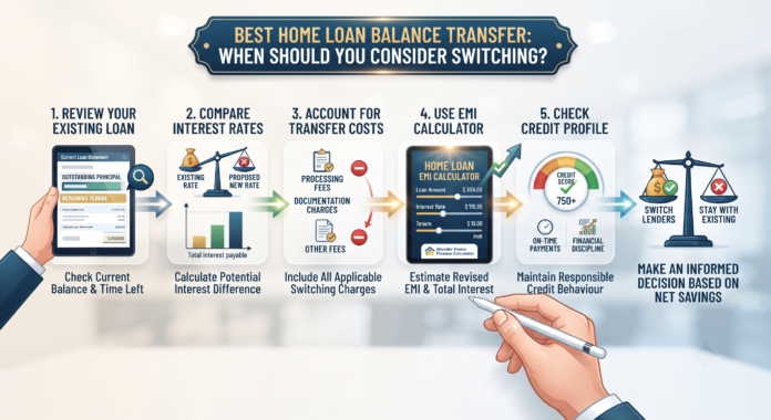Best Home Loan Balance Transfer A professional infographic detailing the five essential steps for a Home Loan Balance Transfer, featuring loan review, interest rate comparison, cost analysis, EMI calculation, and credit profile check.
